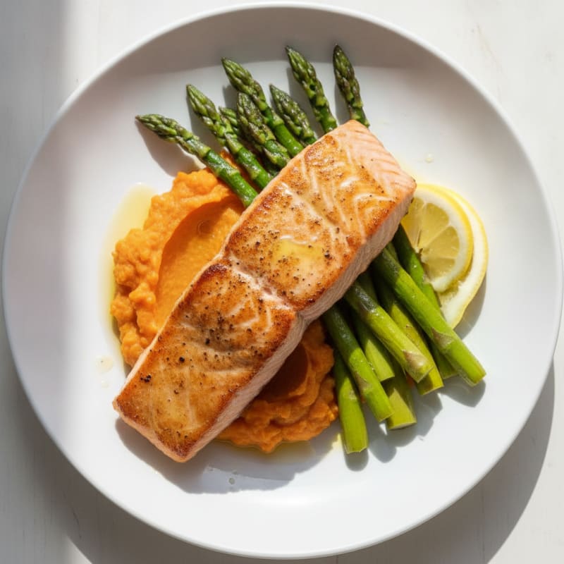 Seared Salmon Fillet with Roasted Asparagus and Sweet Potato Mash