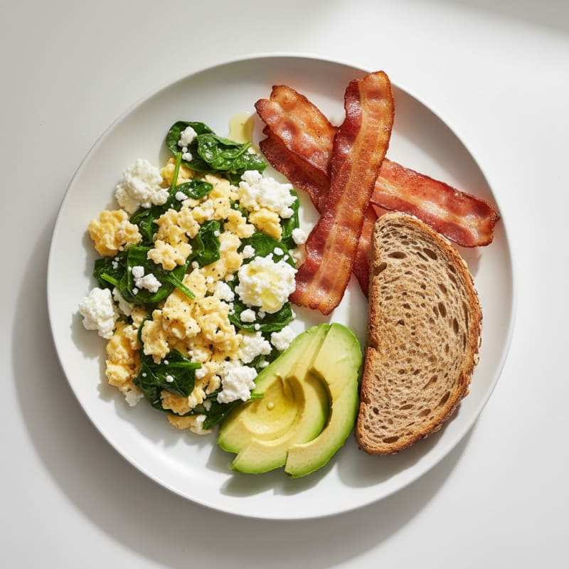 Egg White and Cottage Cheese Scramble with Spinach and Turkey Bacon