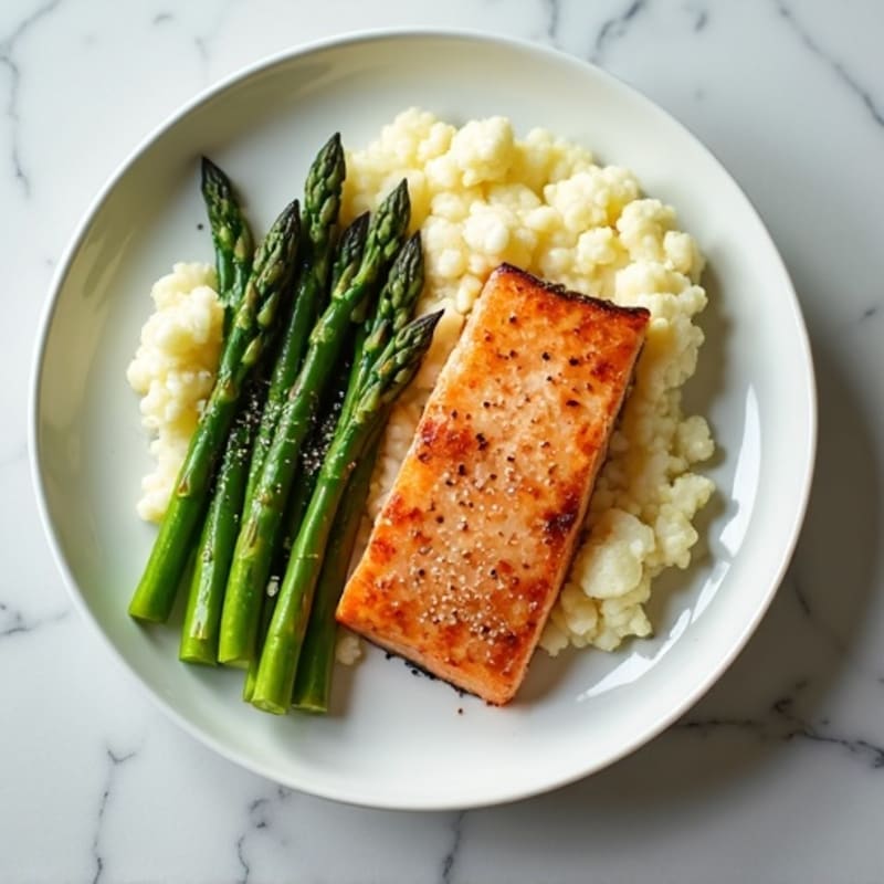 Seared Salmon with Steamed Asparagus and Cauliflower Mash