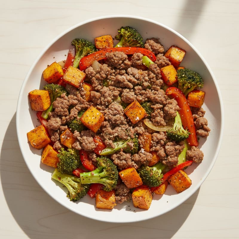 Ground Beef and Roasted Vegetable Bowl