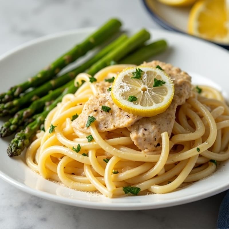 Creamy Lemon Chicken Capellini with Roasted Asparagus