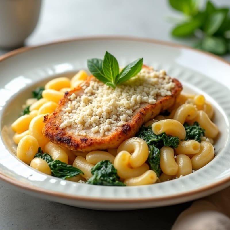 Creamy High-Protein Baked Mac with Chicken and Spinach