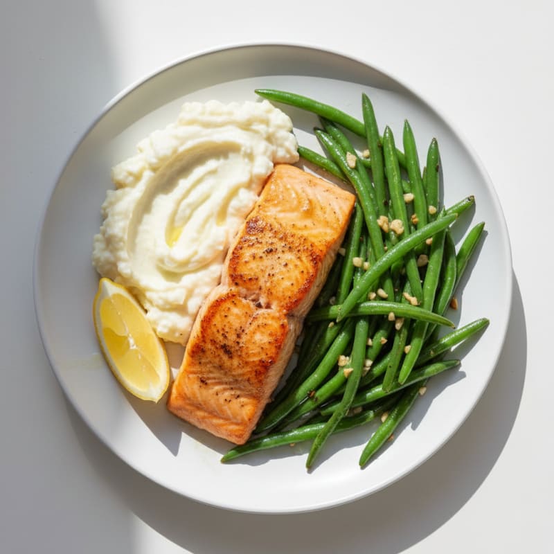 Seared Salmon with Garlic Green Beans and Mashed Cauliflower