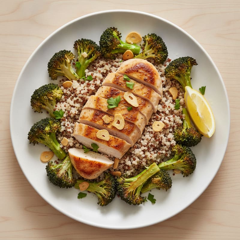 Seared Chicken Breast with Roasted Broccoli and Quinoa