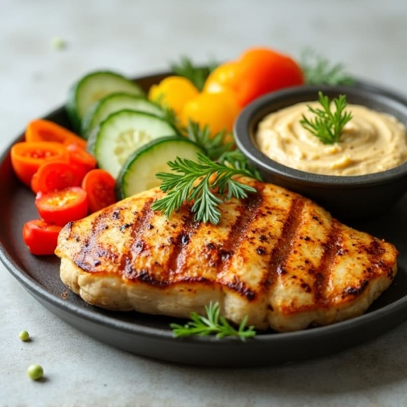 Grilled Chicken and Fresh Vegetable Platter with Creamy Hummus
