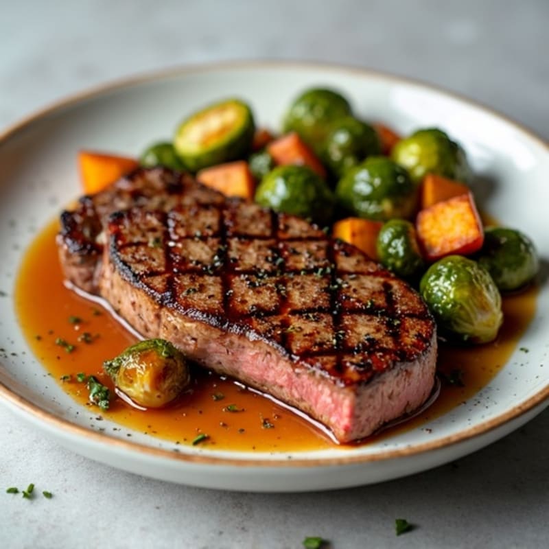Tender Pan-Seared Steak with Crispy Roasted Brussels Sprouts and Sweet Potatoes