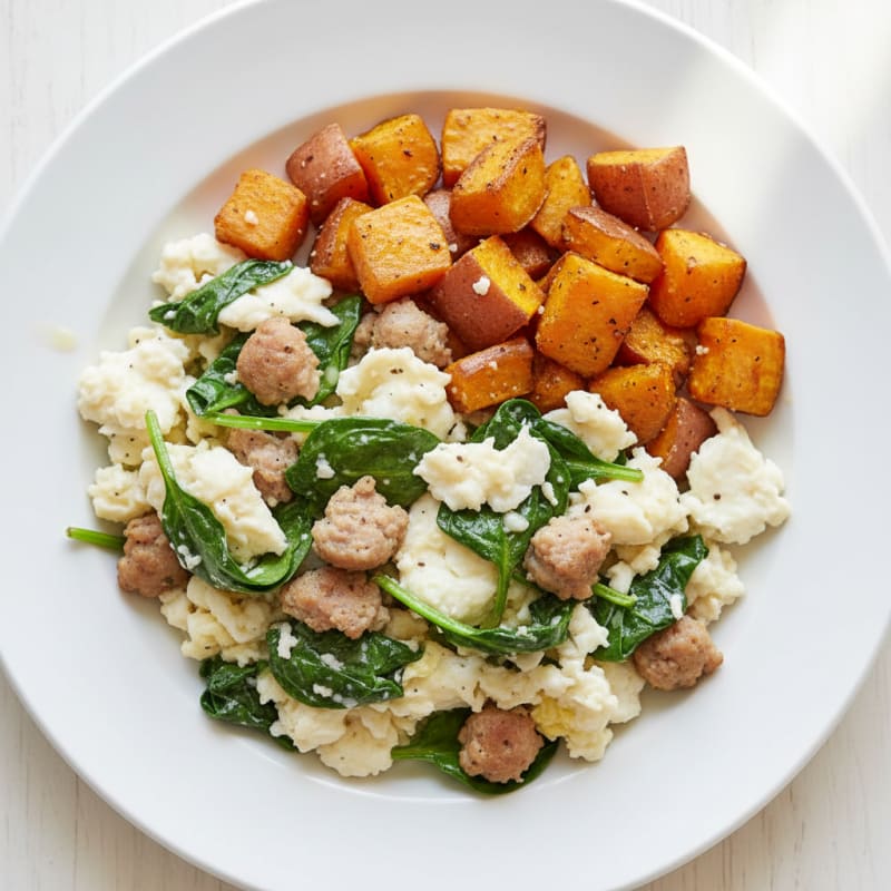 Egg White and Turkey Sausage Scramble with Spinach and Roasted Sweet Potatoes