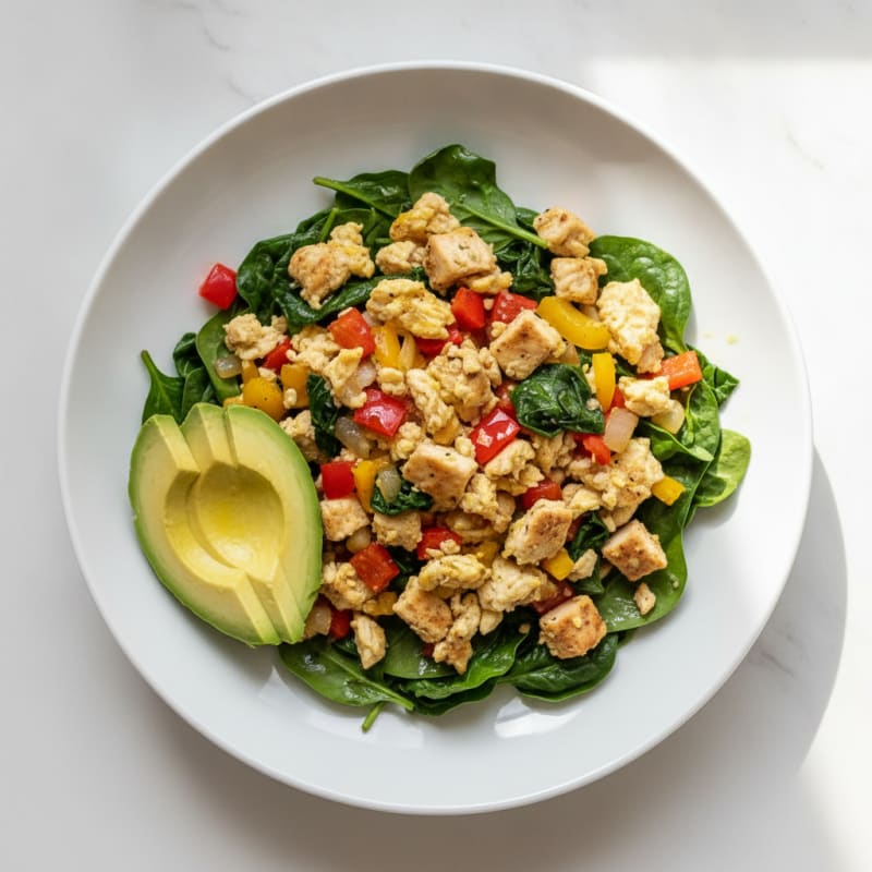 Egg White and Chicken Veggie Scramble with Sautéed Spinach
