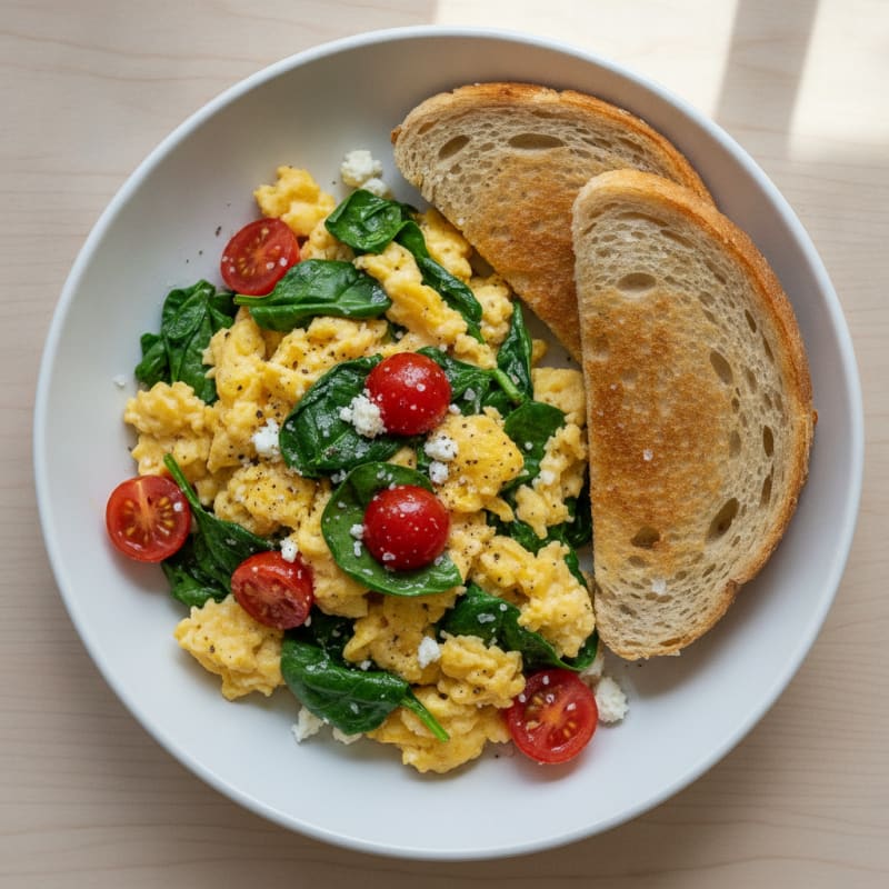 Spinach and Tomato Scramble with Tiger Toast