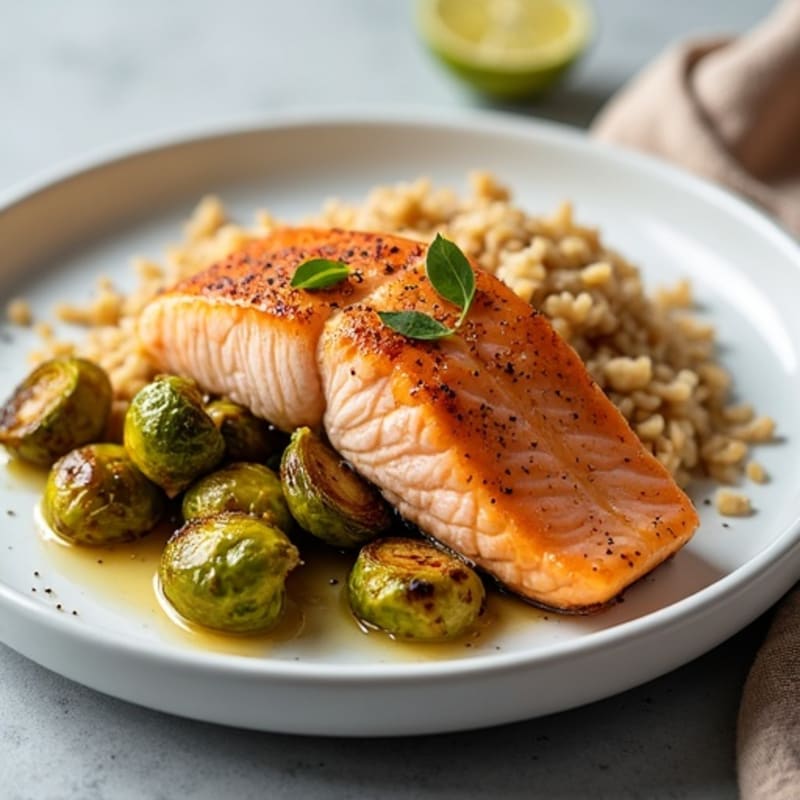 Flaky Roasted Salmon with Crispy Brussels Sprouts and Brown Rice