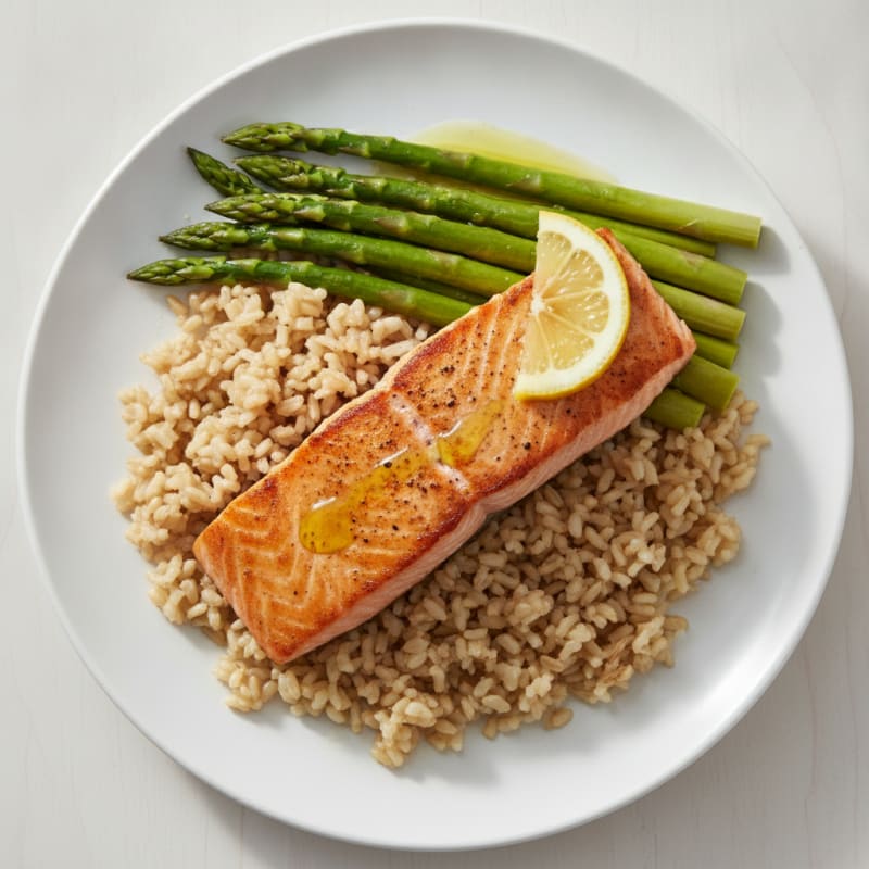 Seared Salmon with Steamed Asparagus and Brown Rice