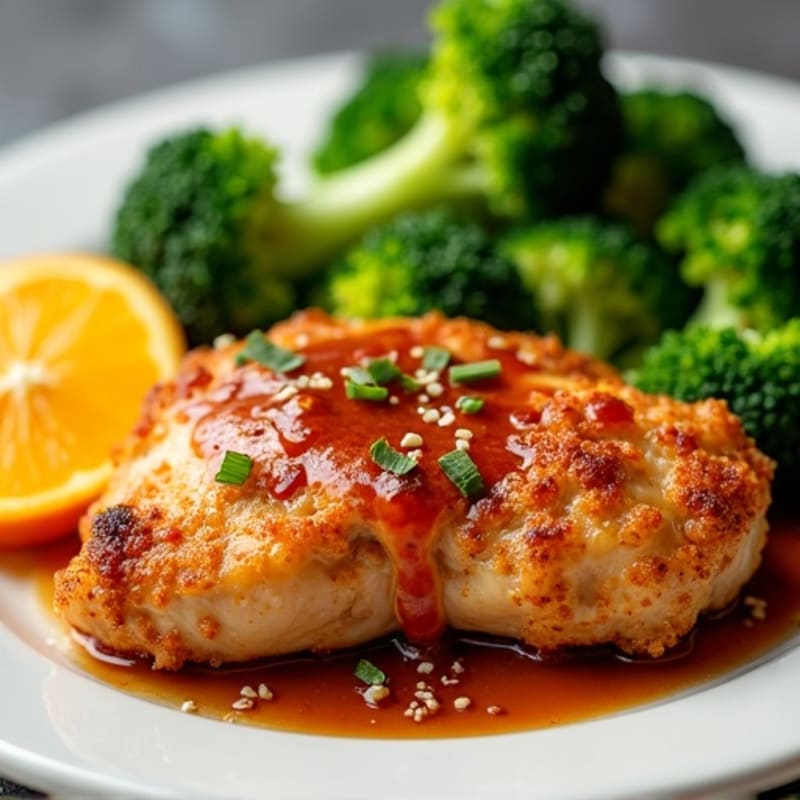 Crispy Chicken with Sweet and Spicy Ginger Orange Sauce and Steamed Broccoli