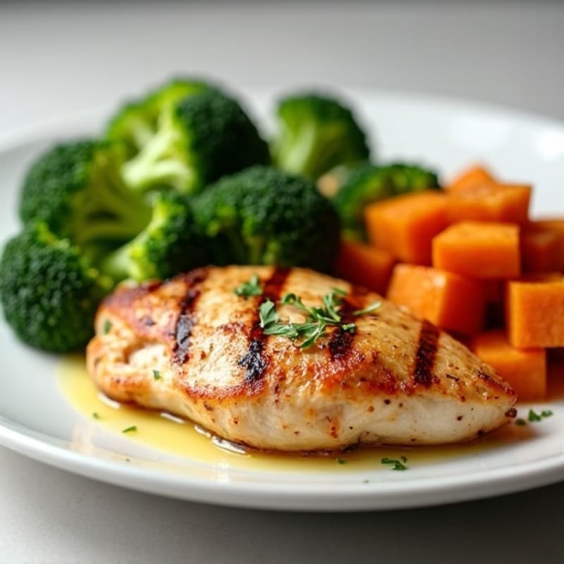 Grilled Chicken Breast with Roasted Sweet Potato and Steamed Broccoli