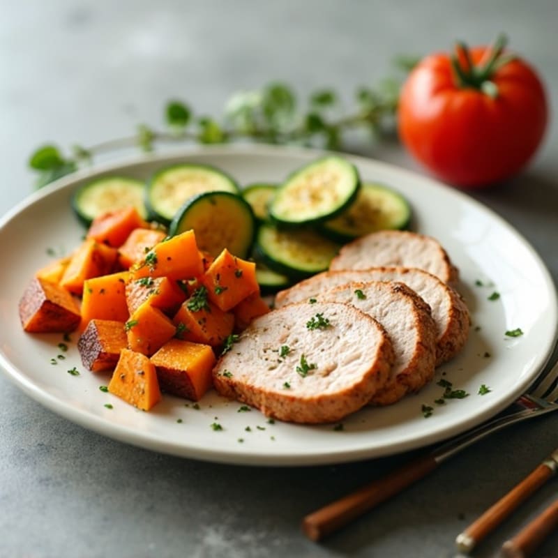 Seared Turkey Breast with Roasted Sweet Potato and Zucchini