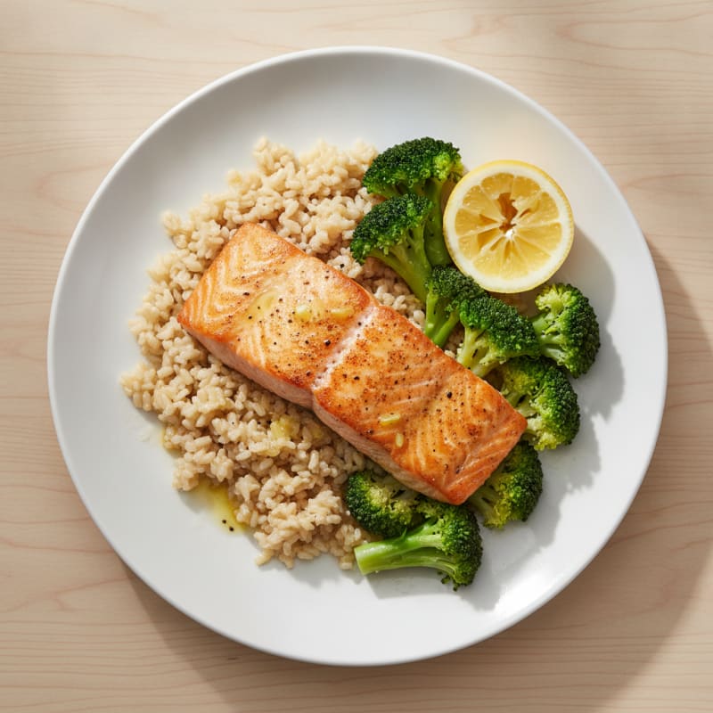 Seared Salmon with Steamed Broccoli and Brown Rice