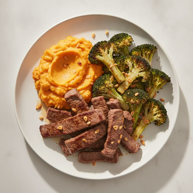 Seared Lean Beef Strips with Roasted Broccoli and Sweet Potato Mash