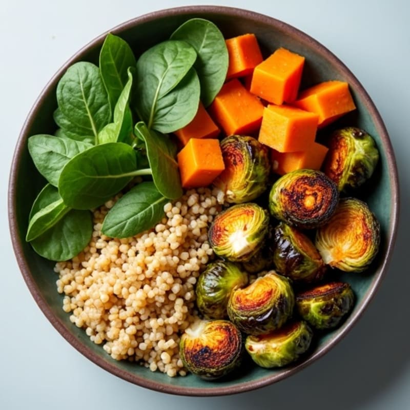 Quinoa and Crispy Brussels Sprouts Bowl with Roasted Sweet Potato, Tender Kombucha Squash, Sweet Plantain, and Fresh Spinach