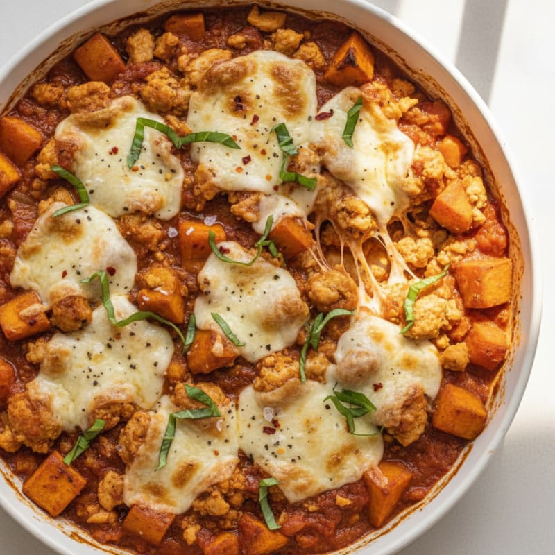 Ground Chicken Skillet with Sweet Potato and Mozzarella