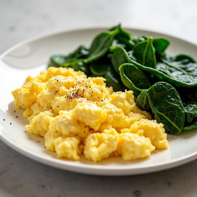 Scrambled Eggs with Cottage Cheese and Sautéed Spinach
