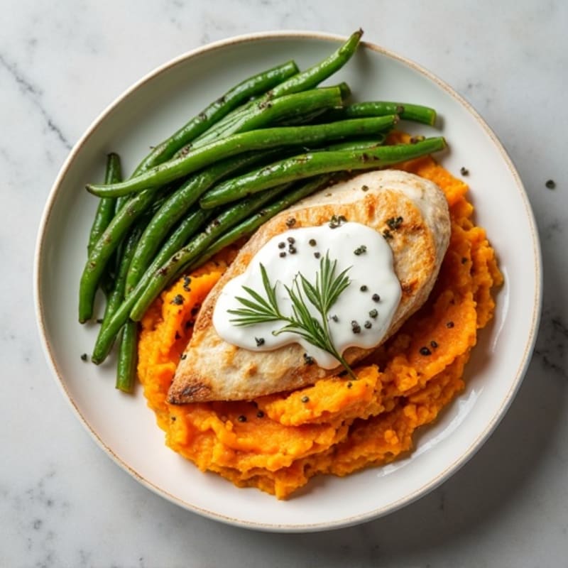 Creamy Chicken with Roasted Sweet Potato Mash and Crispy Green Beans