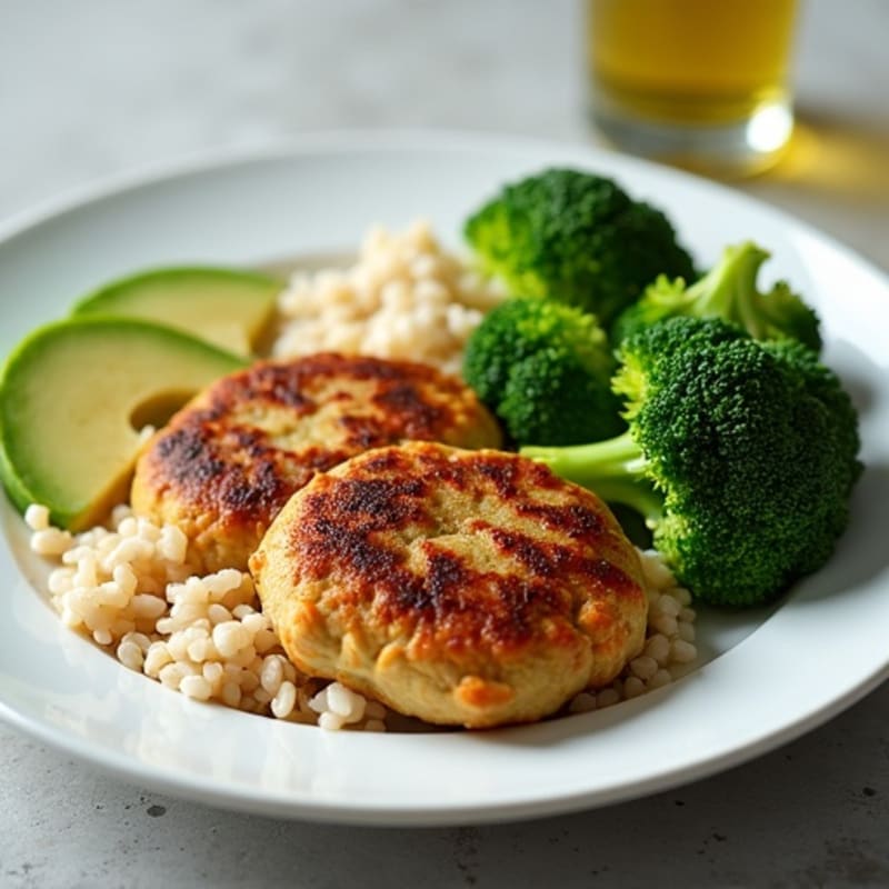 Seared Turkey Patties with Steamed Broccoli and Brown Rice