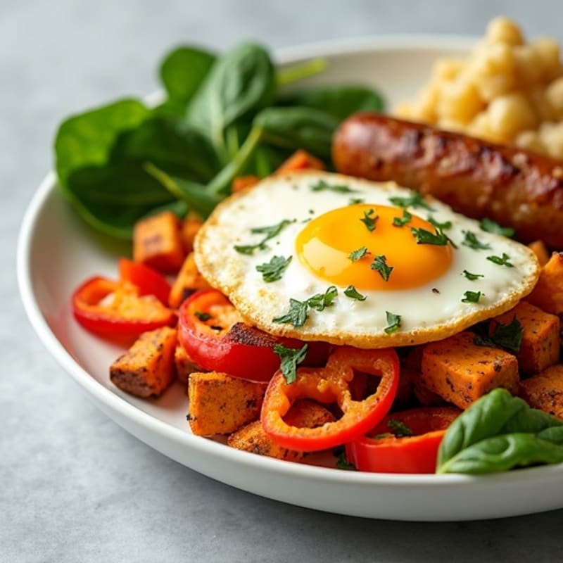 Egg White and Turkey Sausage Scramble with Roasted Sweet Potatoes
