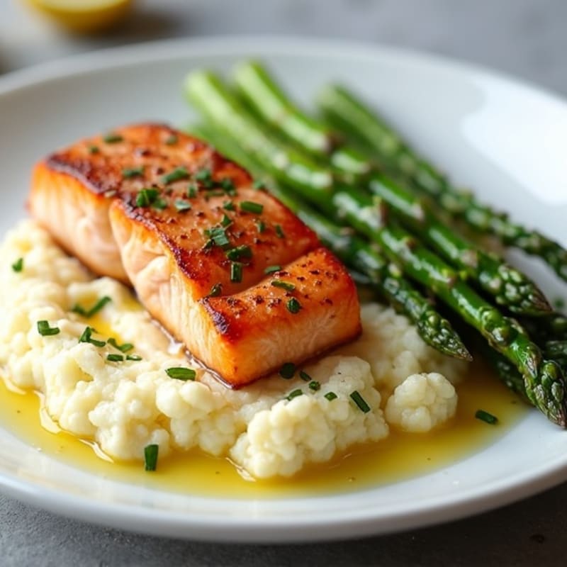 Seared Salmon Fillet with Roasted Asparagus and Cauliflower Mash