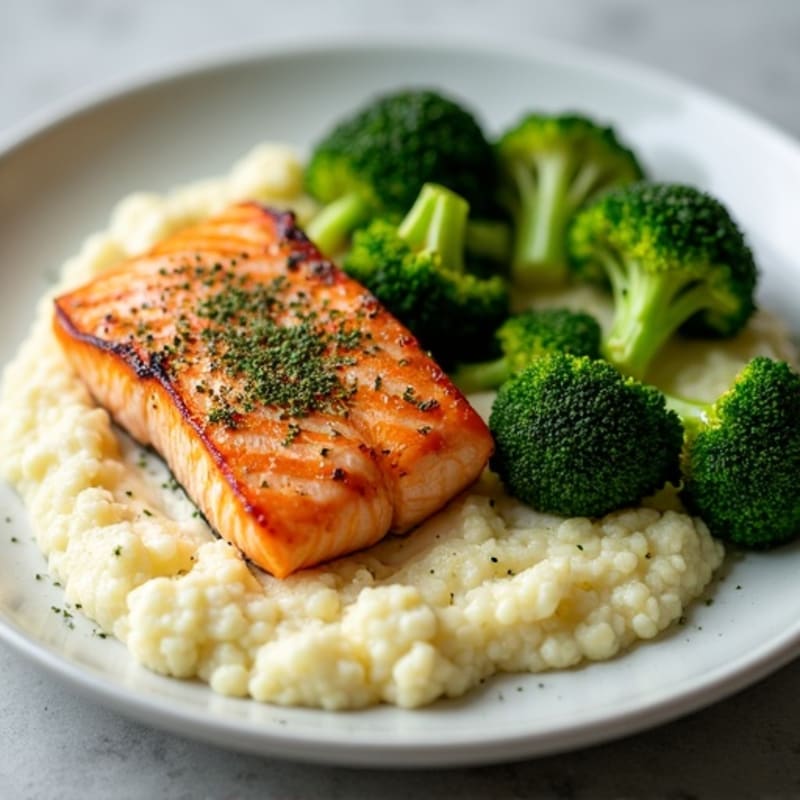 Seared Salmon with Roasted Broccoli and Garlic Mash