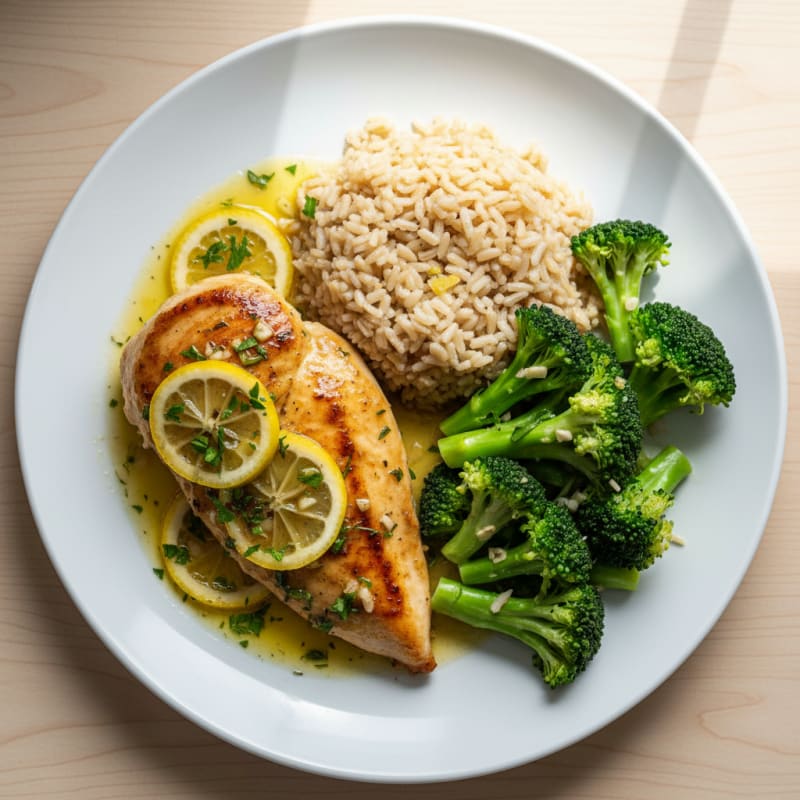 Lemon Herb Chicken Breast with Brown Rice and Steamed Broccoli