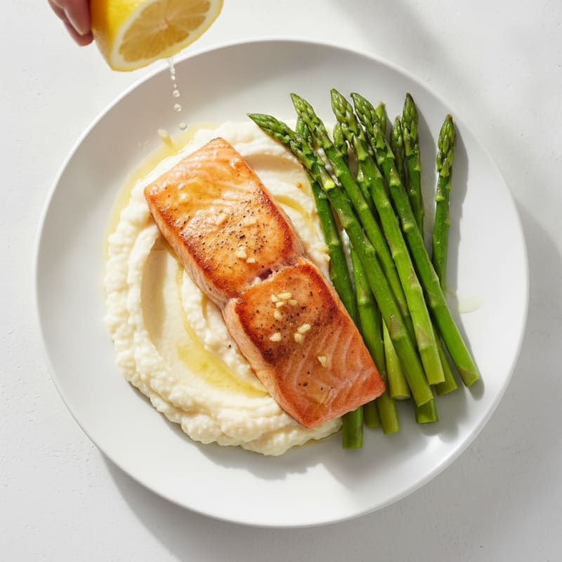 Seared Salmon with Steamed Asparagus and Cauliflower Mash