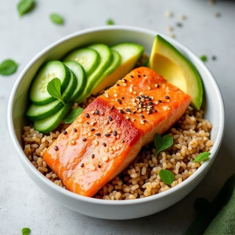 Fresh Salmon Protein Bowl with Avocado, Crunchy Cucumber, and Sesame Brown Rice