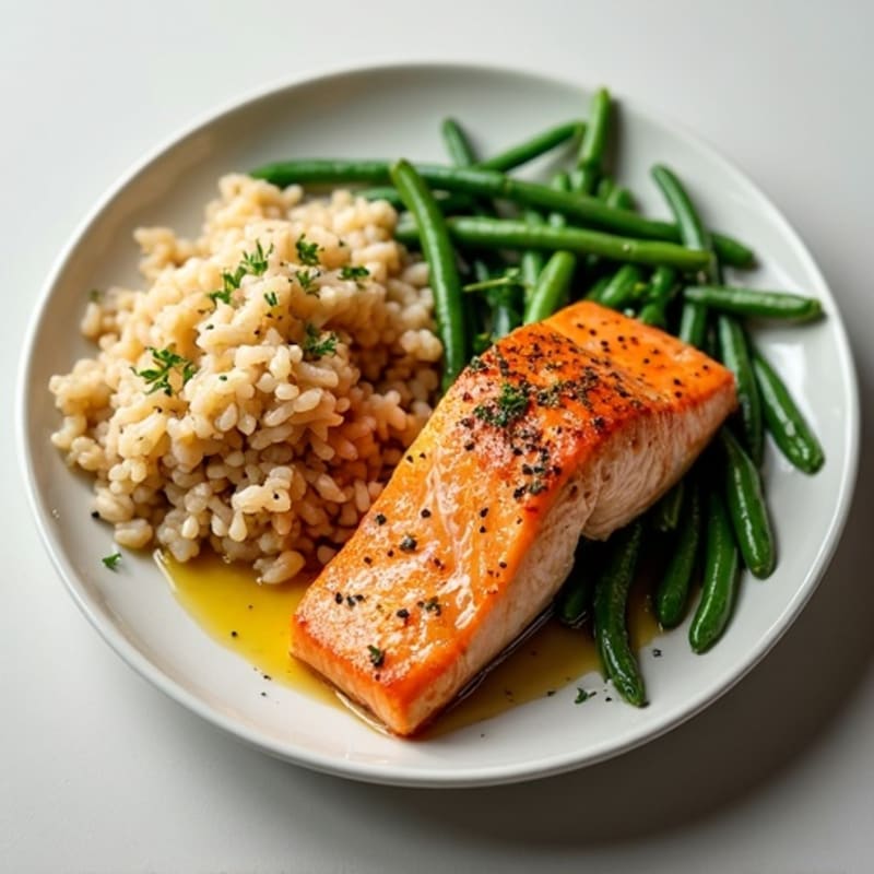 Seared Salmon with Garlic Green Beans and Brown Rice