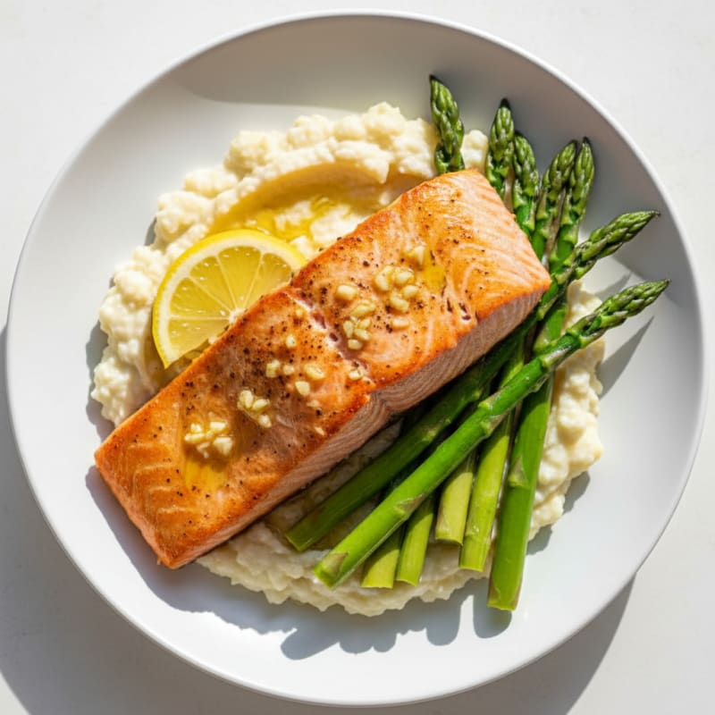 Seared Salmon with Steamed Asparagus and Cauliflower Mash