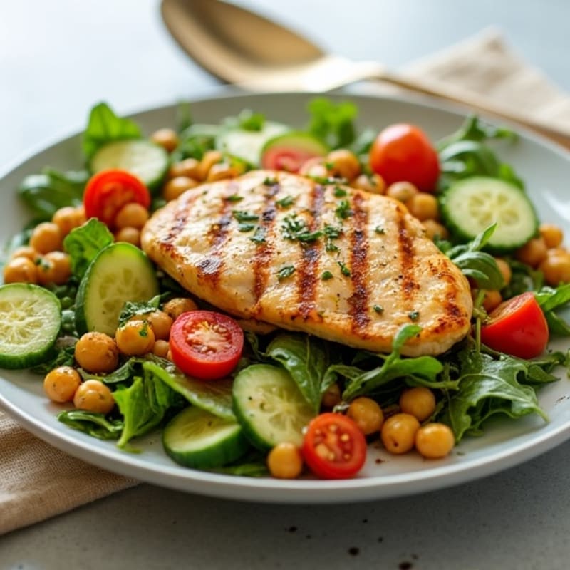 Grilled Lemon Herb Chicken Salad with Crispy Chickpeas and Fresh Vegetables