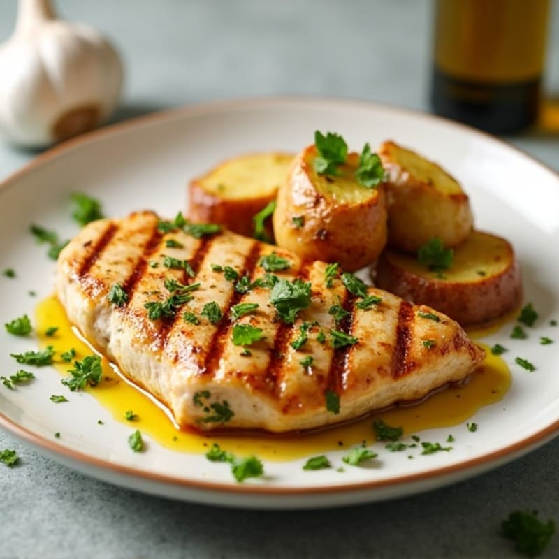 Herb-Crusted Grilled Chicken with Crispy Garlic Smashed Potatoes