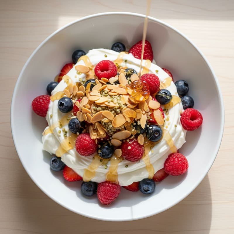 Protein Greek Yogurt Parfait with Mixed Berries and Almonds