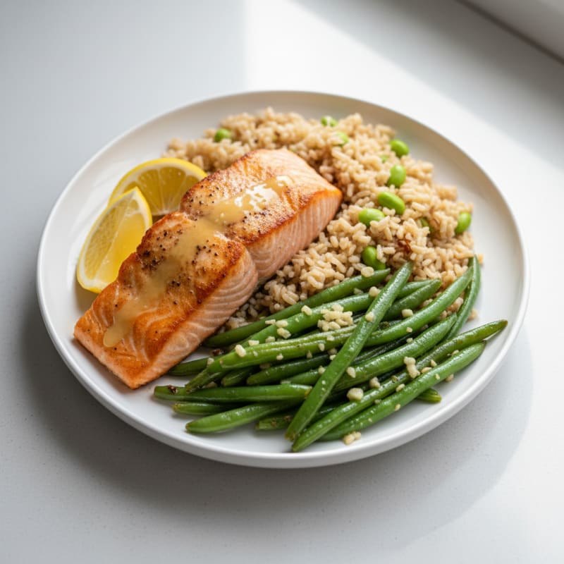 Seared Salmon Fillet with Garlic Green Beans and Brown Rice
