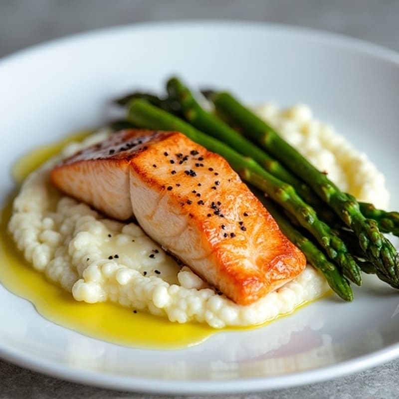 Seared Salmon with Steamed Asparagus and Cauliflower Mash
