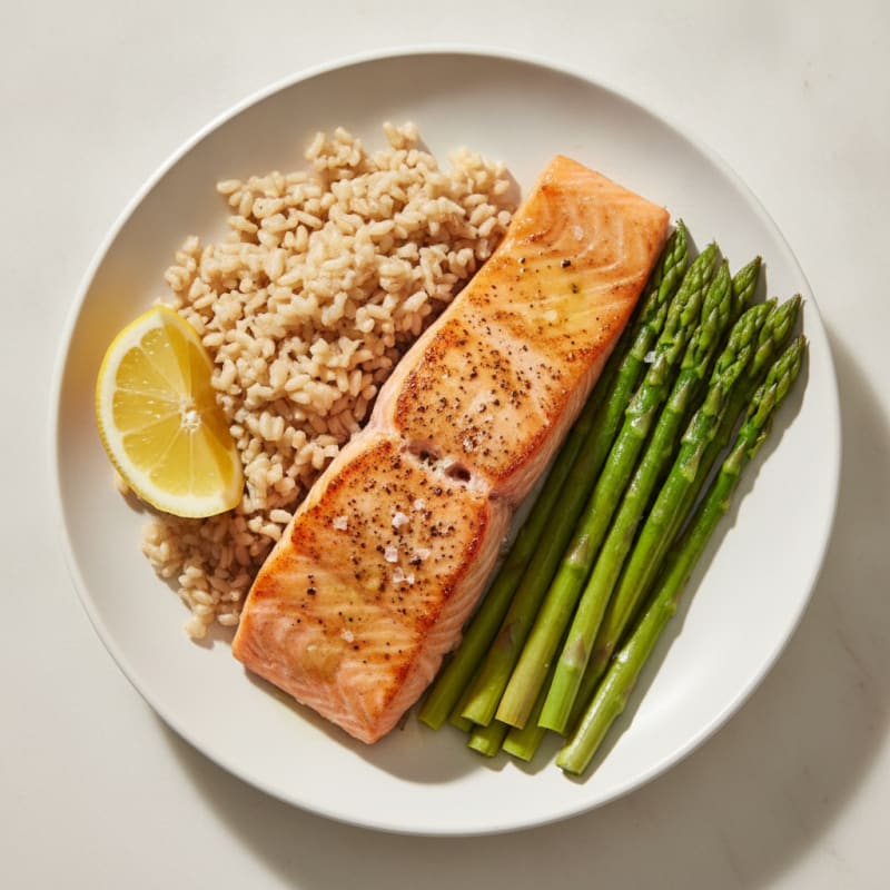 Seared Salmon Fillet with Steamed Asparagus and Brown Rice