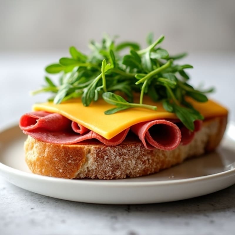 Lean Roast Beef Open-Faced Sandwich with Melted Sharp Cheddar and Fresh Arugula