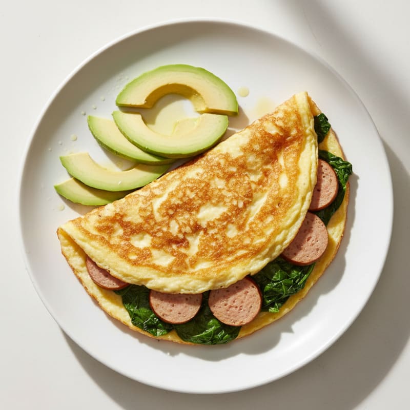 Crispy Egg White Omelet with Turkey Sausage and Sautéed Spinach