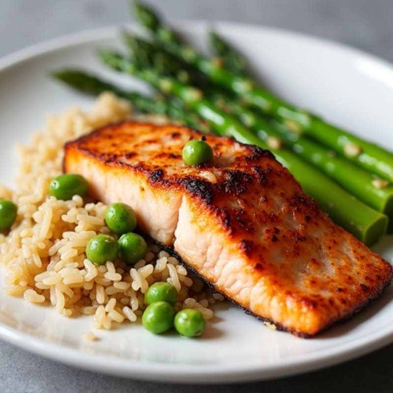 Seared Salmon Fillet with Steamed Asparagus and Wild Rice