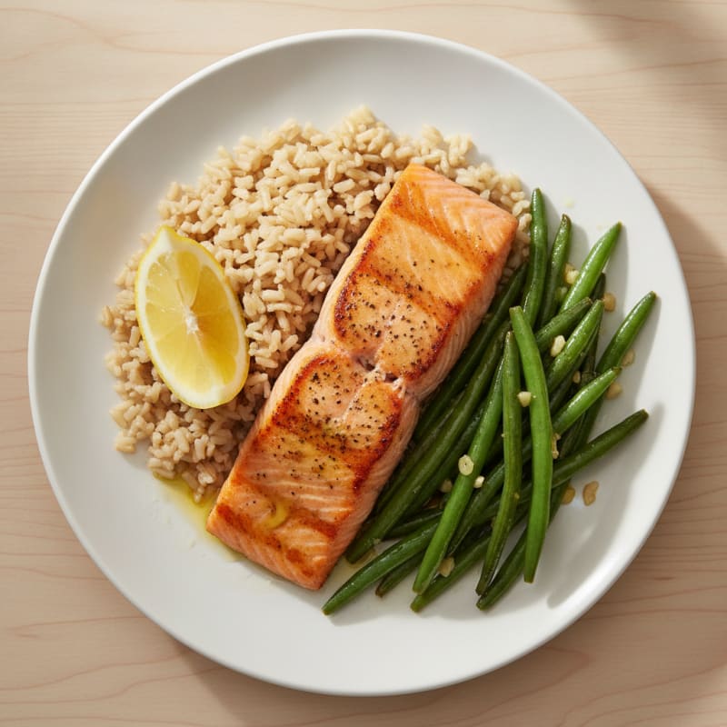Seared Salmon Fillet with Garlic Green Beans and Brown Rice