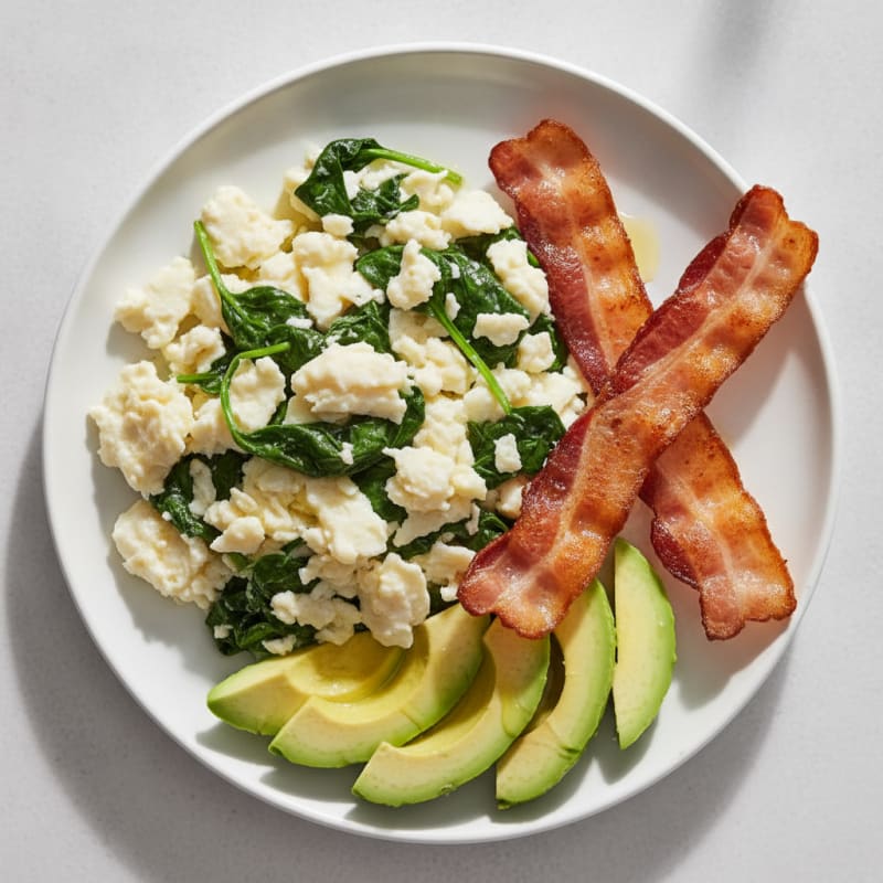 Scrambled Egg Whites with Sautéed Spinach and Turkey Bacon
