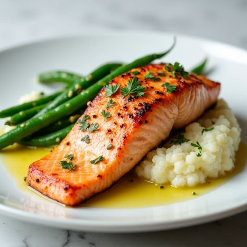 Seared Salmon with Garlic Green Beans and Cauliflower Mash