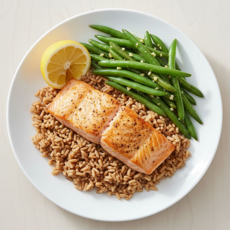 Seared Salmon with Garlic Green Beans and Brown Rice