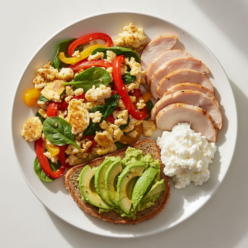 Egg White Veggie Scramble with Cottage Cheese and Sliced Turkey
