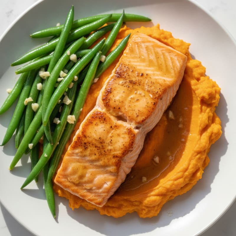 Seared Salmon with Garlic Green Beans and Sweet Potato Mash