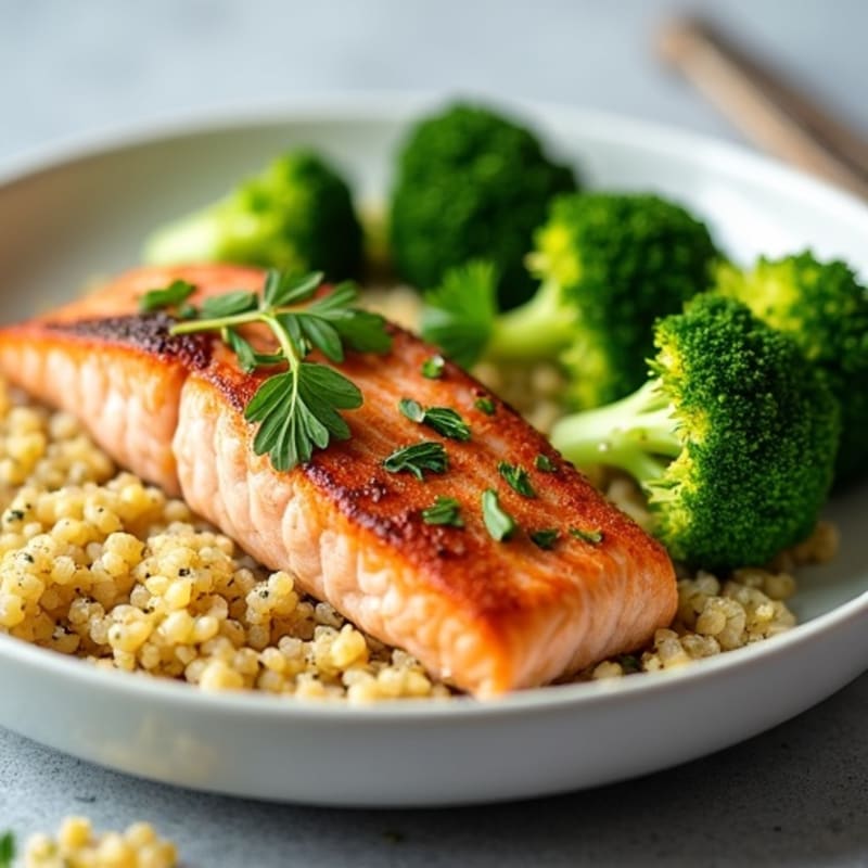 Seared Salmon with Steamed Broccoli and Lemon-Herb Quinoa
