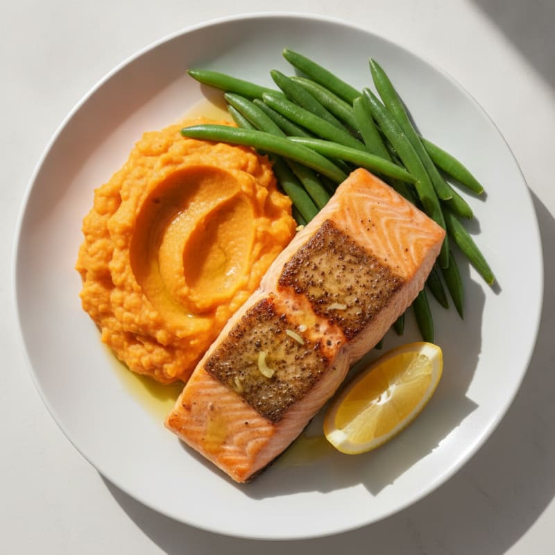 Seared Salmon Fillet with Steamed Green Beans and Sweet Potato Mash